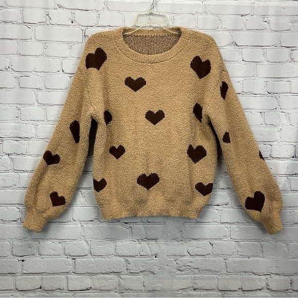 Heart Print Sweater Women's Size M Tan/Brown Valentines Comfy Cozy Love Travel - Picture 3 of 6